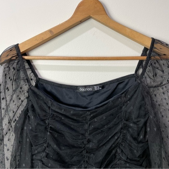 [Boohoo] Women's Black Polka Dot Sheer Long Sleeve Crop Top - Picture 2 of 6